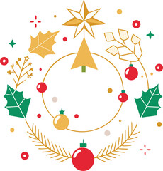 Vector art of vibrant flat design illustration of a circular christmas wreath featuring a golden star at the top, a stylized christmas tree, red baubles, green holly leaves, and golden pine branches
