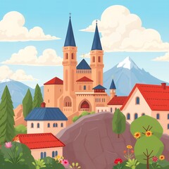 Naklejka premium Cartoon illustration of a picturesque village with a large church building situated against a mountainous backdrop