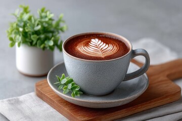 Close Up of Coffee Latte Art in Textured Blue Cup on Wooden Board with Green Plant and Gray Background