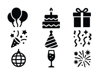 Set of celebration icons featuring balloons, cake, present, and party symbols