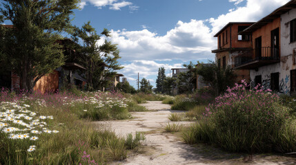 Obraz premium Urban expansion contrasts with vibrant vegetation in this abandoned street, showcasing nature reclaiming its space amidst forgotten buildings
