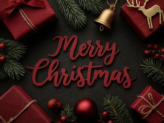 "Merry Christmas" text, red gifts with bows, pine branches, bell, bauble, on dark background, top view, copy space