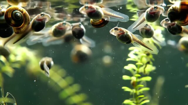 A mesmerizing closeup shot captures a bustling school of newly hatched tadpoles swimming actively near the waters surface in a clear freshwater pond surrounded by vibrant green aquatic plants.