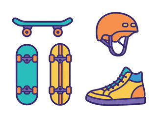 Colorful skateboarding gear: skateboards, helmet, shoe illustration