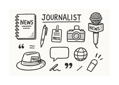 Journalist tools: microphone, camera, notebook, press pass icons in black and white