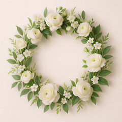 Floral wreath with white roses and green leaves on beige background