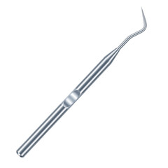 A stainless steel dental explorer probe, a professional medical instrument for oral examination, isolated on a white background.