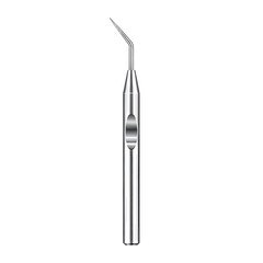 Shiny metallic dental scaler with a sharp, angled tip, a professional oral hygiene instrument.