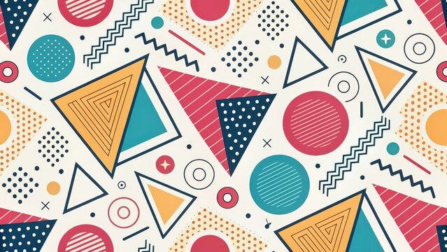 Seamless retro geometric pattern with colorful Memphis style shapes, abstract 80s and 90s background design for fabric, stationery, packaging, digital prints, party themes, and creative branding 