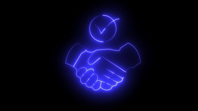 Glowing neon strategic partnership icon on black background &mdash; vibrant animated handshake symbol representing teamwork, collaboration, and friendship concept