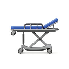 Side view of a modern medical stretcher with a blue mattress, designed for patient transport.