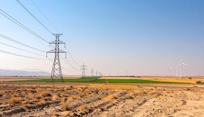 Power lines traversing rural farmlands, stretching out into the distance with wind turbines under a sunny, cloudless blue sky, offering a view of sustainable energy.