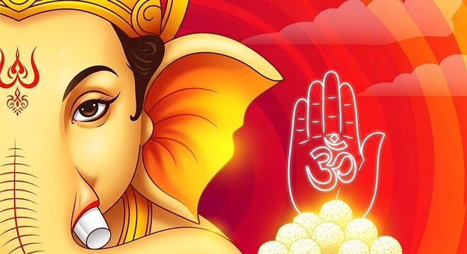 Lord ganesha with sweet laddu and blessing hand on red background for ganesh chaturthi festival