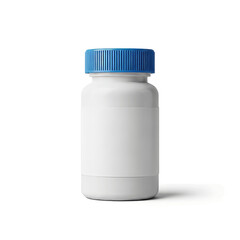 A close-up studio shot of a white medicine bottle with a blue cap, isolated on white.