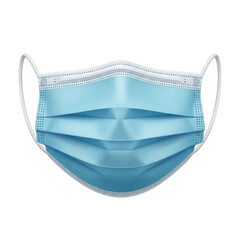 A blue surgical face mask with white ear loops, isolated on white.