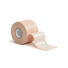 A roll of beige medical tape is shown with a portion unrolled, highlighting its texture and adhesive properties.