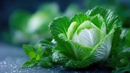 Close Up of Fresh Green Cabbage with Water Droplets on Dark Reflective Surface