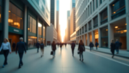 Blurred image of city street with modern skyscrapers, people walking to work, urban lifestyle, blur effect.