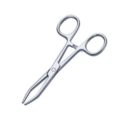 A close-up studio shot of a pair of surgical forceps with curved tips, isolated on a white background.