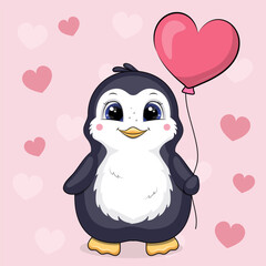 Cute cartoon Penguin with heart shaped balloon. Vector illustration of an animal on a pink background with hearts.