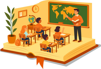 Vector illustration of teacher and students in a symbolic classroom inside an open book, representing imagination, creativity, and lifelong learning.