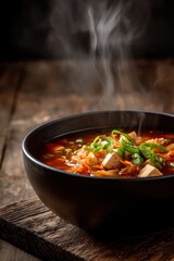 Hot and sour vegetable soup with tofu, cabbage, carrots, scallions in rustic black bowl