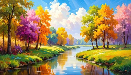 Vibrant autumn landscape with a winding river