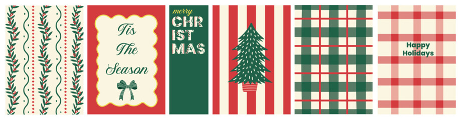 Merry Christmas and holiday posters with holly leaves pattern, stripes, plaid, tree, festive text quotes. Perfect background template for greeting cards, prints, wall art, banner, postcards, invites.