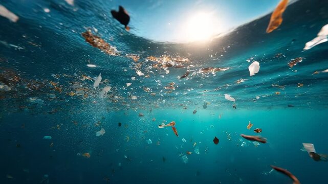Sunlight cuts through ocean, revealing floating microplastic. Plastic debris spreads underwater. Environment suffers from pollution, suffers from waste, suffers from sea full of plastic and debris.