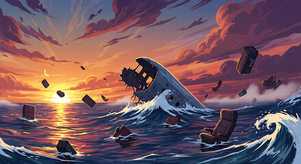 Epic illustration of a catastrophic shipwreck in the ocean during a dramatic sunset