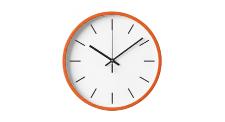 Oval wall clock with orange frame isolated on transparent background