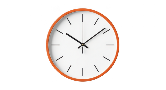 Oval wall clock with orange frame isolated on transparent background