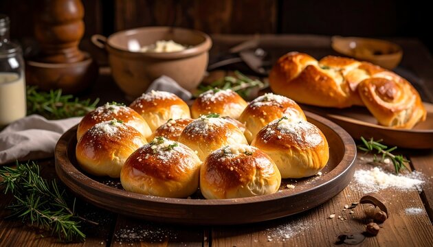 Baked rolls on a wooden platter