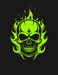 Flat Neon Green Burning Skull with Flames Illustration on Black Background