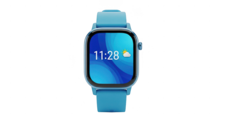 Modern blue smartwatch with digital time display isolated on transparent background