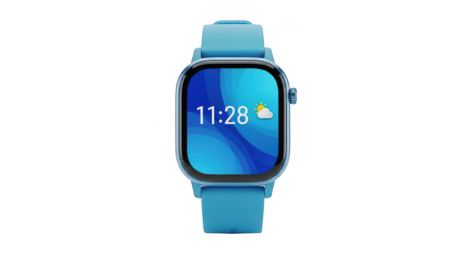 Modern blue smartwatch with digital time display isolated on transparent background