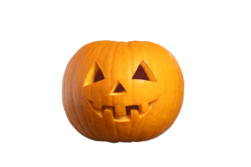 Isolated classic jack-o-lantern bright orange Halloween pumpkin with a carved smiling face, on white background, showcasing intricate details and textures, perfect for seasonal decorations