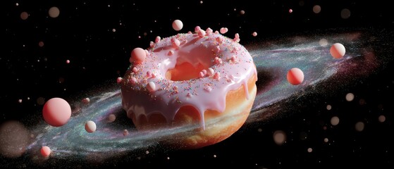A whimsical donut floats through a cosmic landscape, surrounded by colorful planets and a starry backdrop, merging food with the wonders of space.