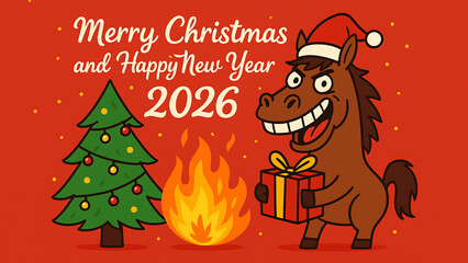 Flat-style digital illustration of a crazy horse in a Santa hat next to a burning Christmas tree with festive decorations. Humorous Merry Christmas and Happy New Year 2026 greeting card, Year of the H