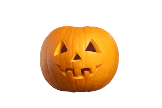 Isolated classic jack-o-lantern bright orange Halloween pumpkin with a carved smiling face, on white background, showcasing intricate details and textures, perfect for seasonal decorations
