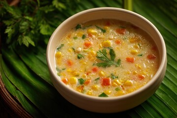 Classic sweet corn soup with carrots, beans, and coriander in rustic bowl on banana leaf