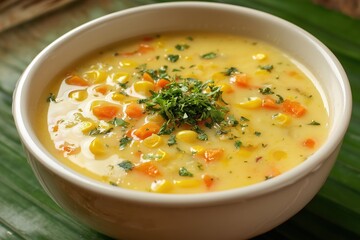 Classic sweet corn soup with carrots, beans, and coriander in rustic bowl on banana leaf