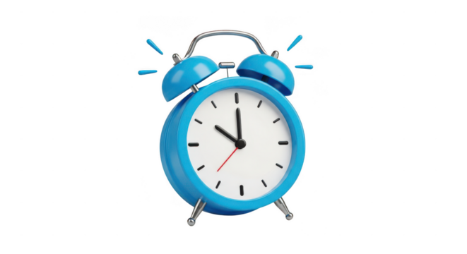 Retro blue alarm clock showing ten o clock isolated on transparent background