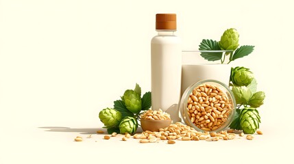 Plant based milk bottle and glass with hops and wheat grains plantbased