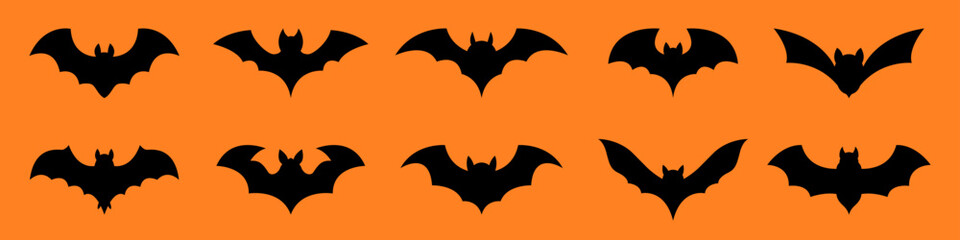 Set of bat silhouettes. Collection of black bats. Vector
