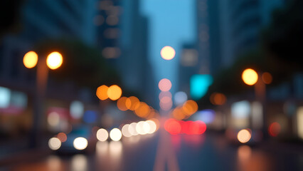 Blurred city night scene with colorful bokeh lights from skyscrapers and cars.