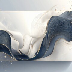 A dynamic abstract design featuring flowing, layered lines in shades of navy blue and white, accented by gold lines, creating a sense of movement and elegance.