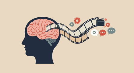 A conceptual flat design illustration depicting a stylized brain with film strips flowing from it, representing creativity, imagination, and the art of storytelling in cinema. 