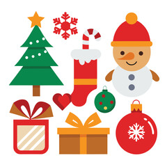 Fototapeta premium Vector art of a festive collection of christmas icons including a christmas tree, snowman, gift boxes, stocking, baubles, snowflake, and heart, all isolated on a