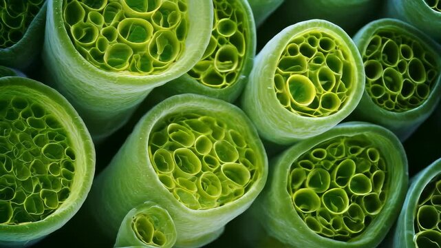 Macro footage of green plant stem cells structure under magnification. Vivid textures and natural geometry for science concepts.